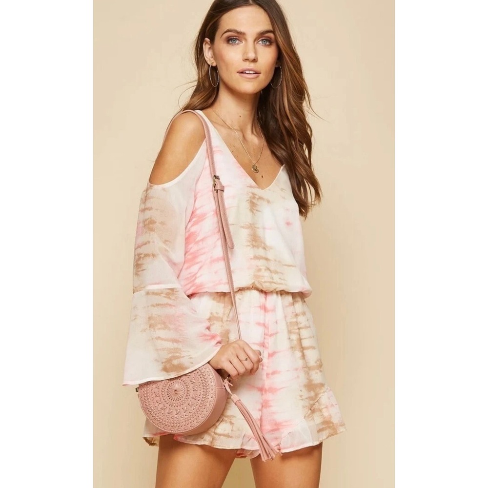 NWT Andree by Unit Tie Dye Romper‎ Cold Shoulder Bell Sleeve Ruffle Hem Sz Lg